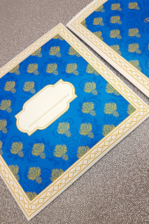 Load image into Gallery viewer, Punjabi wedding card design which is also wedding card Indian in Bright Blue &amp; Gold
