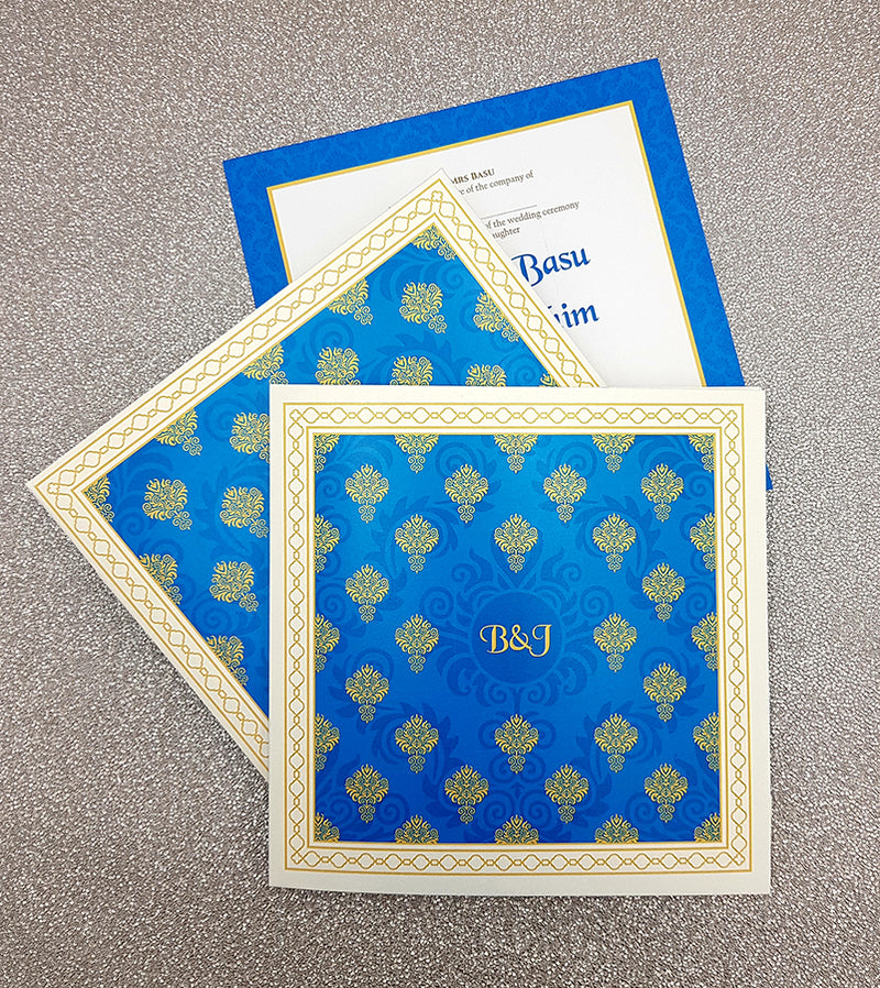Desi Indian Pakistani wedding invitation design with blue & gold pattern with matching envelope