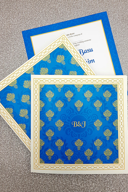 Load image into Gallery viewer, Desi Indian Pakistani wedding invitation design with blue &amp; gold pattern with matching envelope
