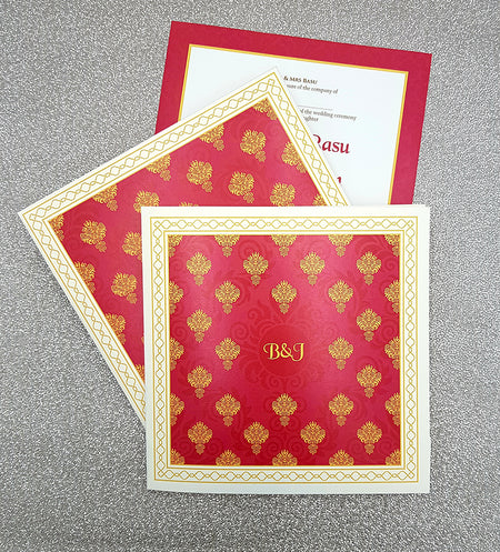 Large Square Red & Gold Asian Indian style Invitation with matching envelope CLS 124