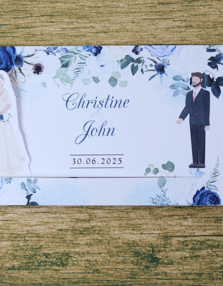 ABC 1193 Sliding Bride & Groom Blue Floral Invitation
