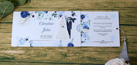 ABC 1193 Sliding Bride & Groom Blue Floral Invitation