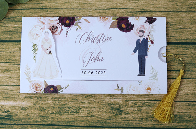 ABC 1194 Sliding Bride & Groom Maroon Floral Invitation