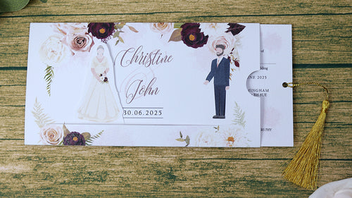 Load image into Gallery viewer, ABC 1194 Sliding Bride &amp; Groom Maroon Floral Invitation
