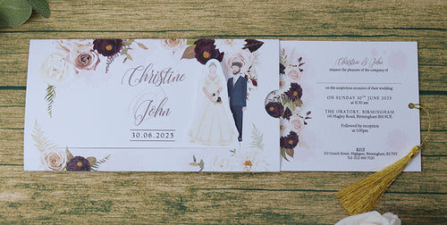 Load image into Gallery viewer, ABC 1194 Sliding Bride &amp; Groom Maroon Floral Invitation
