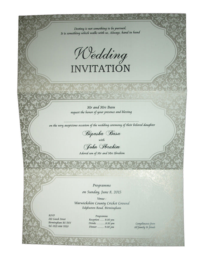 A4 2 fold silver and white damask print personalisable party invite ABC 613