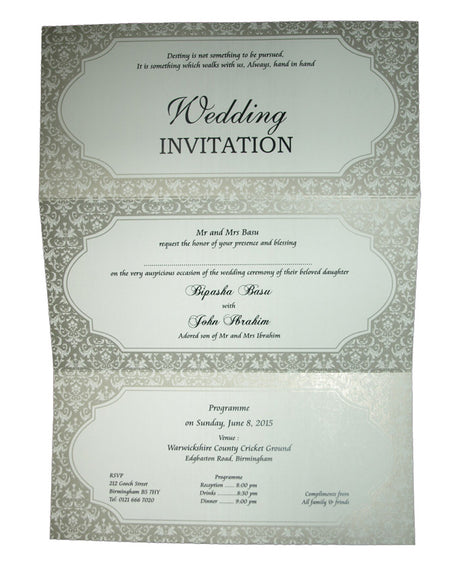 A4 2 fold silver and white damask print personalisable party invite ABC 613
