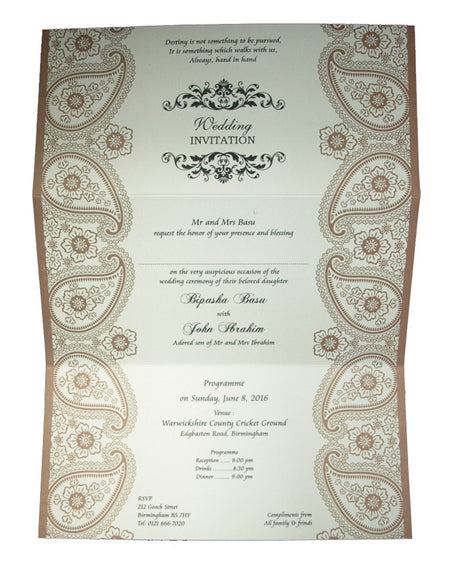ABC 614 Wedding Invitation - 2 Fold, 3 Part Invite with Gold Paisley Designs on Left & Right Sides