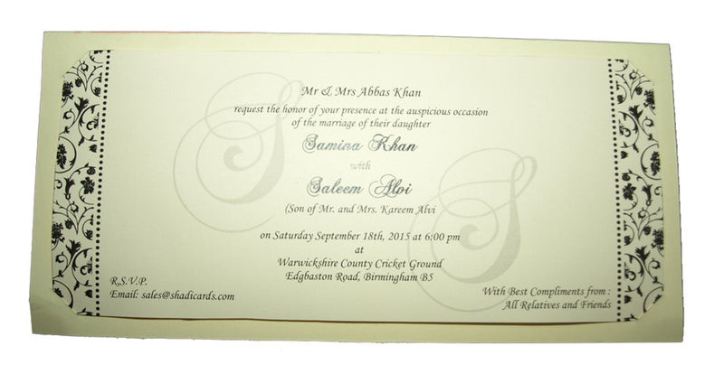 ABC 127 Landscape Muslim Wedding Invitation card displayed with its matching envelope, featuring a red strip, gold foiled calligraphy, and ivory cardstock for a cohesive and elegant stationery set.