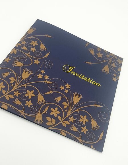 Square Dark Blue and gold floral filigree Invitation GFL 305