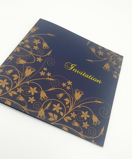 Square Dark Blue and gold floral filigree Invitation GFL 305