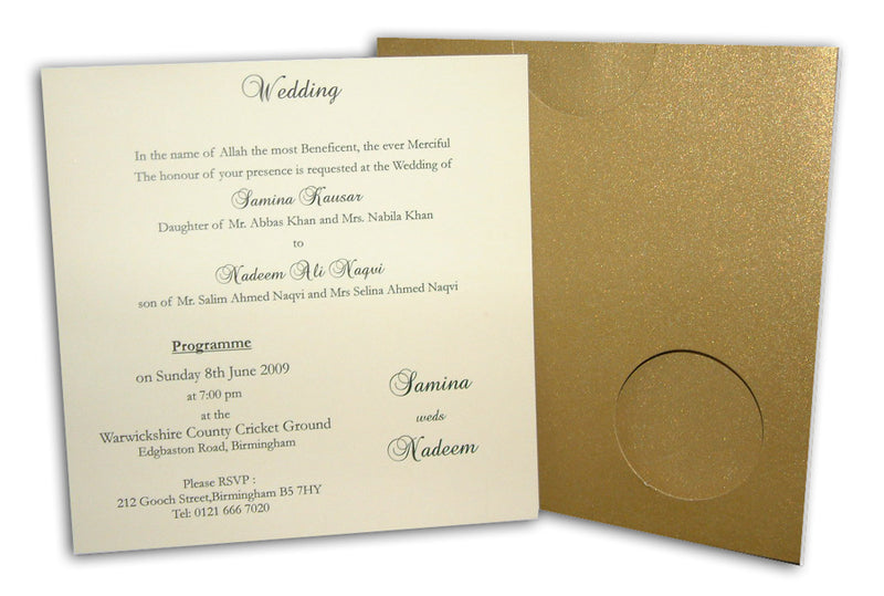 ABC 408 Rustic gold pocket invitation with a circular cut-out