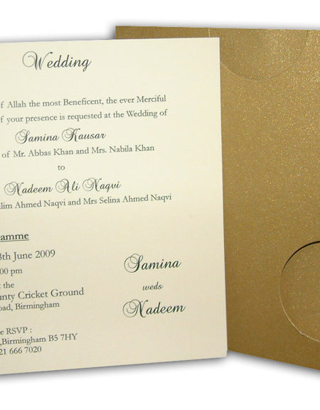 ABC 408 Rustic gold pocket invitation with a circular cut-out
