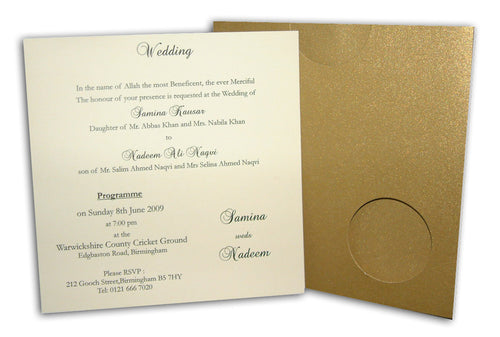 Load image into Gallery viewer, ABC 408 Rustic gold pocket invitation with a circular cut-out
