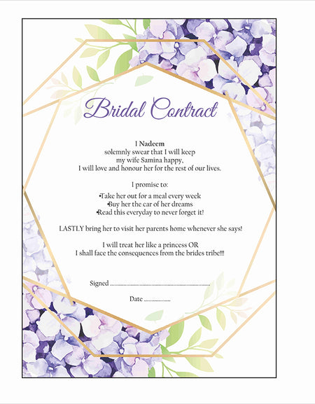 Front view of the funny marriage contract for husband. Its a Witty Bridal Contract, wedding funny contract, wedding contract template funny