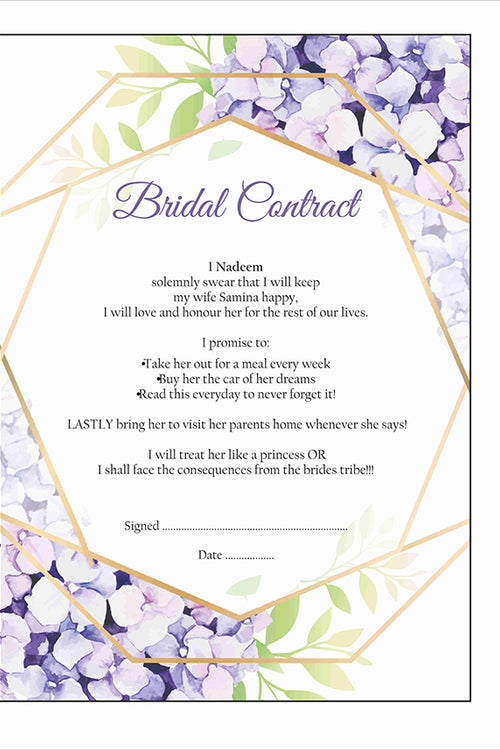 Load image into Gallery viewer, Purple Gold Floral – A1 Bridal Contract – Funny Agreement for Husband/Wife
