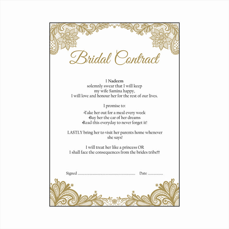 Gold Swirls – A1 Bridal Contract – Funny Agreement for Husband/Wife