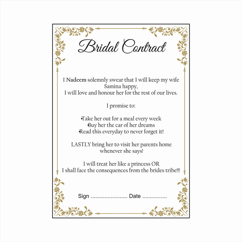 Gold Filigree – A1 Bridal Contract – Funny Agreement for Husband/Wife