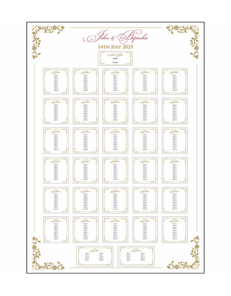 1 personalised portrait Wedding Table Plan mounted on board can be placed 
on easel with gold border on all four corners and each table names written in gold border