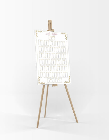 1 personalised portrait Wedding Table Plan mounted on board can be placed 
on easel with gold border on all four corners and each table names written in gold border
