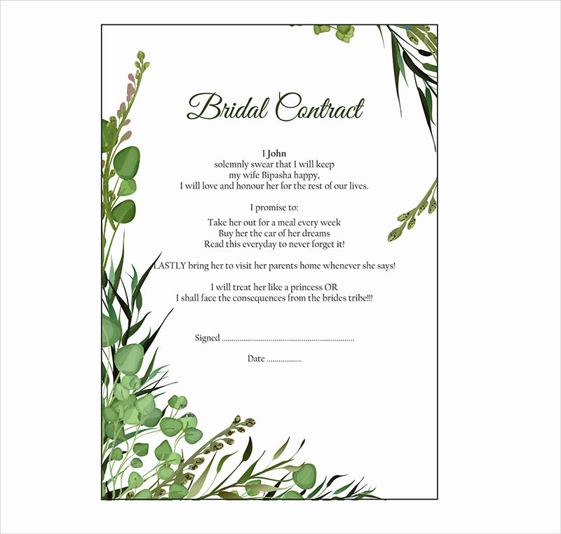 Green Leaf – A1 Bridal Contract – Funny Agreement for Husband/Wife