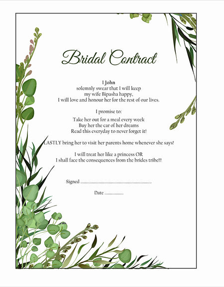 Green Leaf – A1 Bridal Contract – Funny Agreement for Husband/Wife