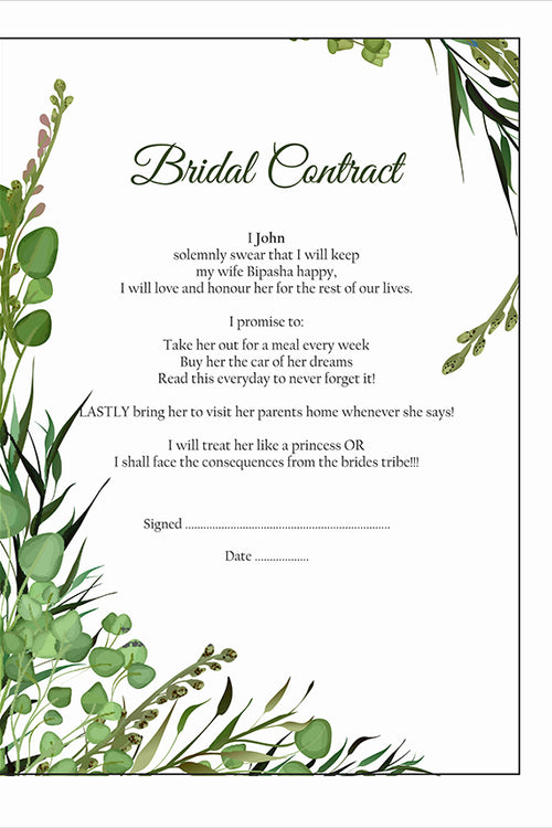 Load image into Gallery viewer, Green Leaf – A1 Bridal Contract – Funny Agreement for Husband/Wife
