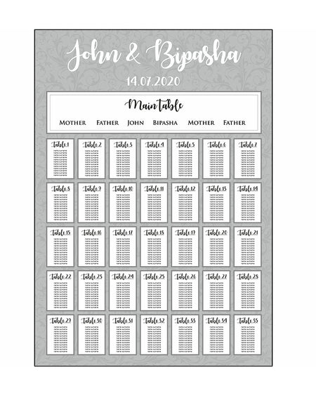 A1 personalised portrait Wedding Table Plan mounted 
on board can be placed on easel in grey and white colour