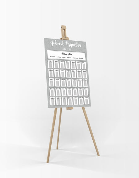 A1 personalised portrait Wedding Table Plan mounted 
on board can be placed on easel in grey and white colour