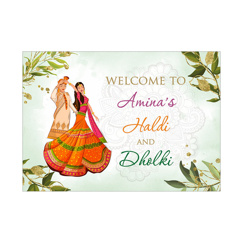 dholki poster with bride and groom in Haldi colored outfits