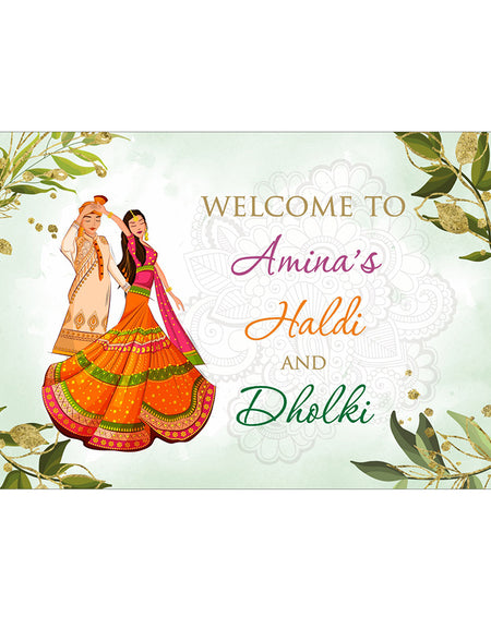 dholki poster with bride and groom in Haldi colored outfits