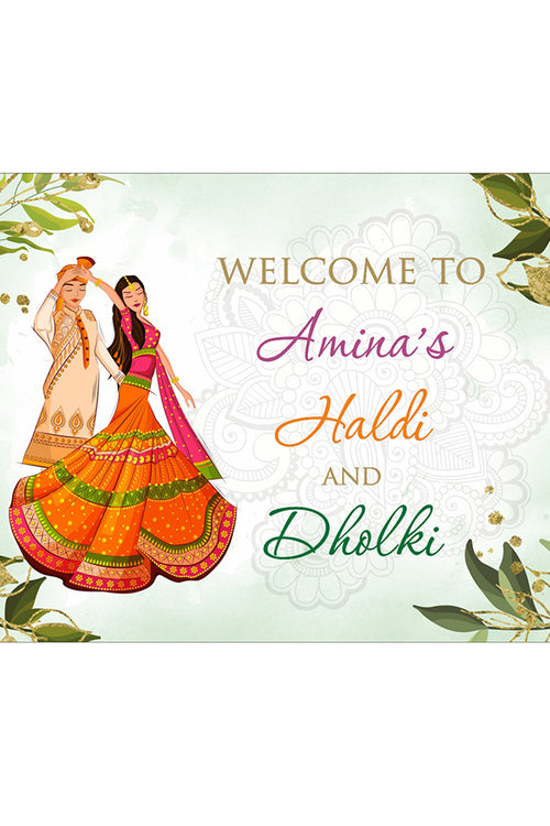 Load image into Gallery viewer, dholki poster with bride and groom in Haldi colored outfits
