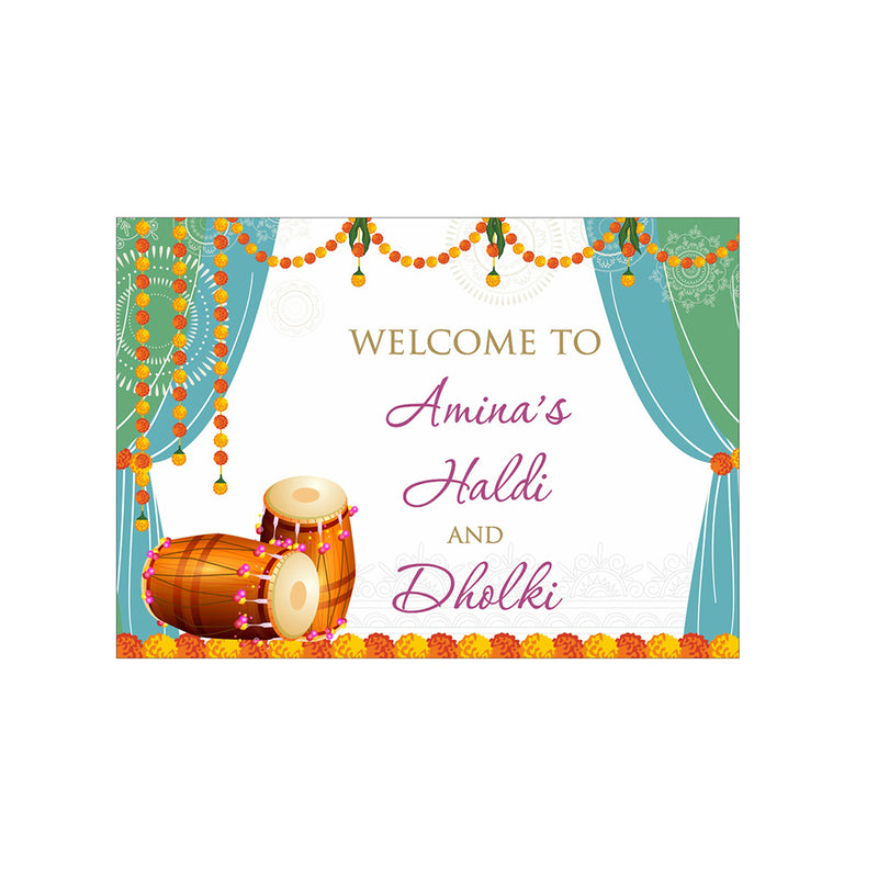 Dholki, haldi or Mhendi party welcome sign poster for Indian Pakistani events