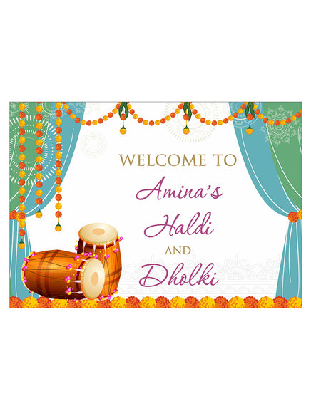 Dholki, haldi or Mhendi party welcome sign poster for Indian Pakistani events