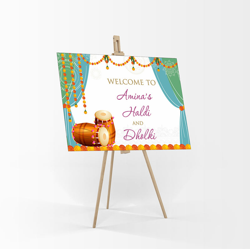 Welcome Board Sign Poster in Orange and Yellow Garlands with Green & sky blue design with 2 dolkhis for Dholki, Henna and haldi parties