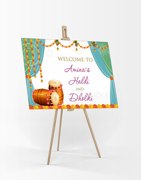 Welcome Board Sign Poster in Orange and Yellow Garlands with Green & sky blue design with 2 dolkhis for Dholki, Henna and haldi parties