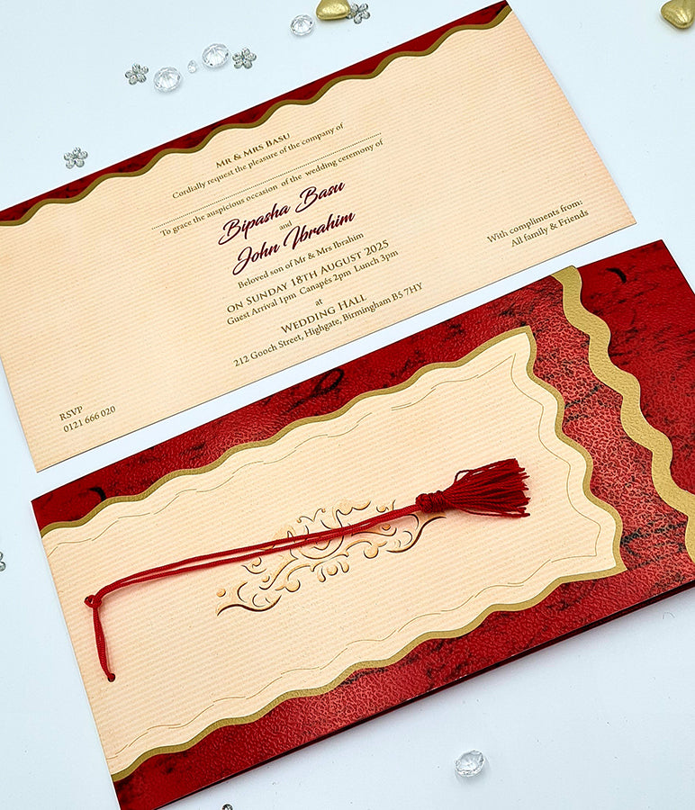 HW 037 Red and gold Asian style pocket Invitation with red Tassel