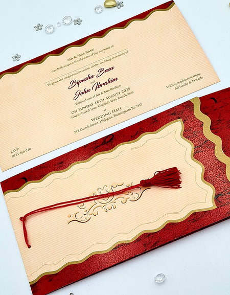 HW 037 Red and gold Asian style pocket Invitation with red Tassel