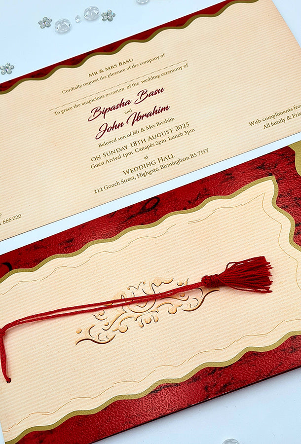 HW 037 Red and gold Asian style pocket Invitation with red Tassel