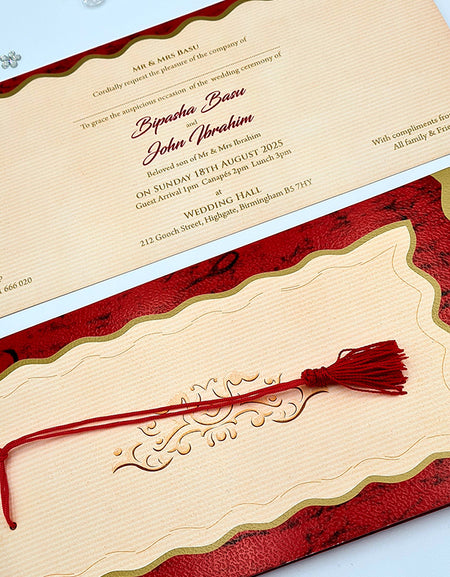HW 037 Red and gold Asian style pocket Invitation with red Tassel
