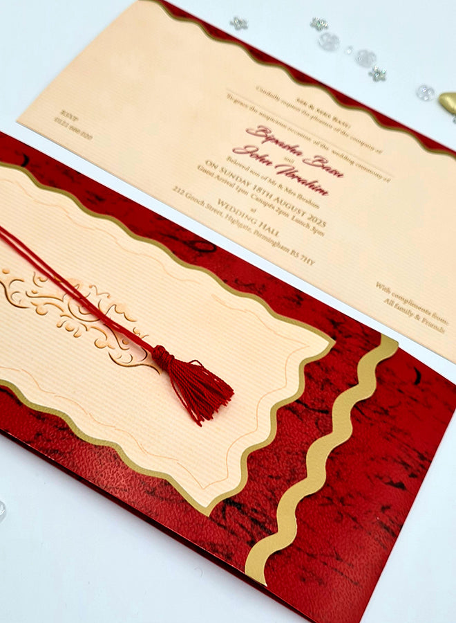 HW 037 Red and gold Asian style pocket Invitation with red Tassel