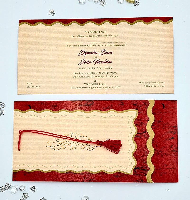 HW 037 Red and gold Asian style pocket Invitation with red Tassel