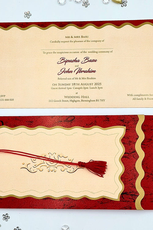 Load image into Gallery viewer, HW 037 Red and gold Asian style pocket Invitation with red Tassel
