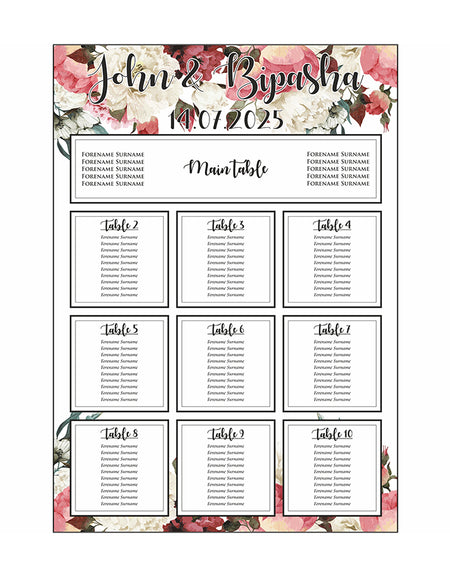 A1 personalised portrait Wedding Table Plan mounted 
on board can be placed on easle in gold leaf 
with pink cream floral pattern with green leaves
