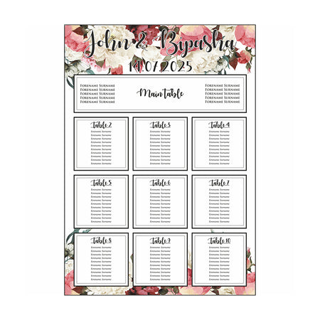 A1 personalised portrait Wedding Table Plan mounted 
on board can be placed on easle in gold leaf 
with pink cream floral pattern with green leaves