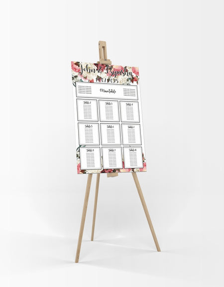 A1 personalised portrait Wedding Table Plan mounted 
on board can be placed on easle in gold leaf 
with pink cream floral pattern with green leaves