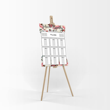 A1 personalised portrait Wedding Table Plan mounted 
on board can be placed on easle in gold leaf 
with pink cream floral pattern with green leaves