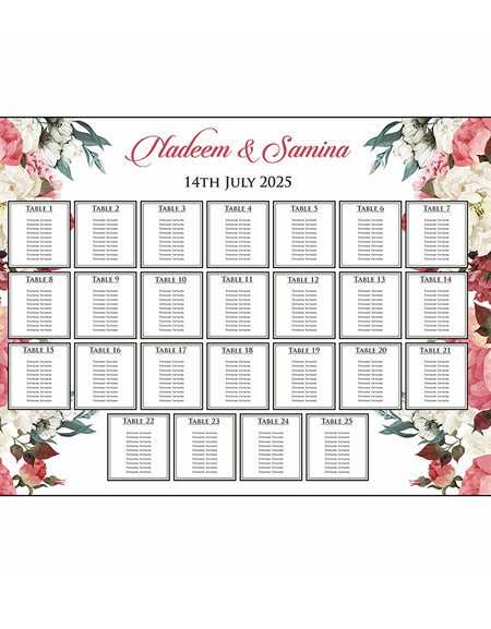 A1 personalised landscape Wedding Table Plan mounted on board can be placed on easel with Floral pattern in pink, cream with green leaves on right and left side of the board