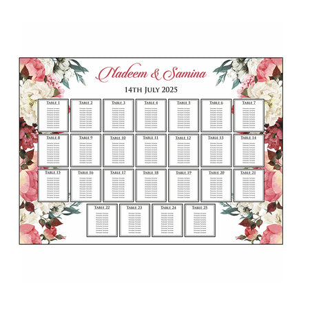 A1 personalised landscape Wedding Table Plan mounted on board can be placed on easel with Floral pattern in pink, cream with green leaves on right and left side of the board