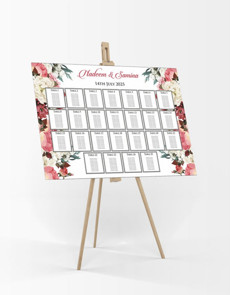 A1 personalised landscape Wedding Table Plan mounted on board can be placed on easel with Floral pattern in pink, cream with green leaves on right and left side of the board